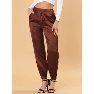 Allegra K  Drawstring Elastic Waist Ankle Length Satin Joggers with Pocket Sz L